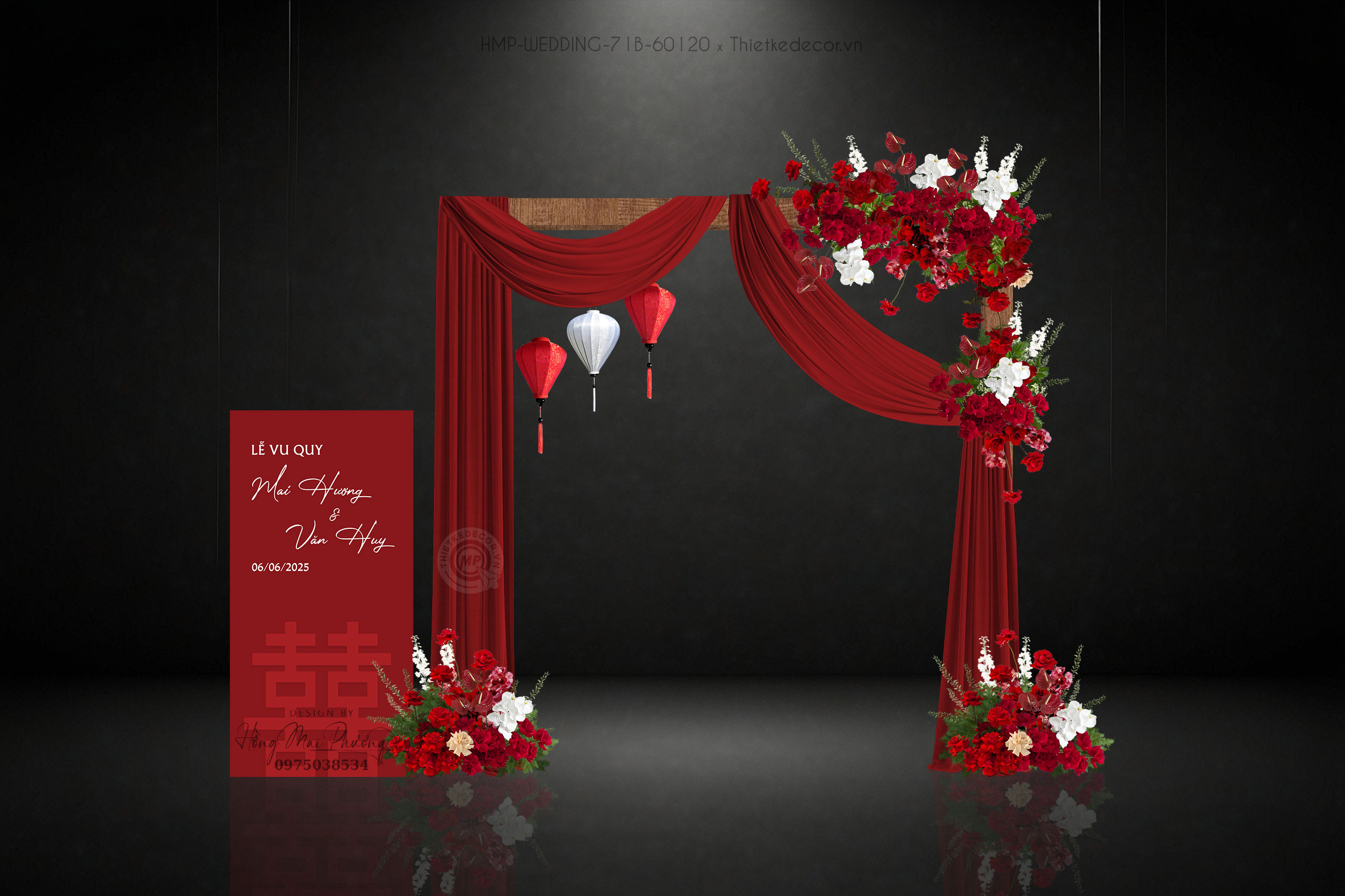 Cổng rèm đỏ mix đèn lồng vải và bảng welcome